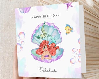 Personalised Mermaid Birthday Card | Under The Sea Pastel Ocean Theme (6x6 Luxury Card)