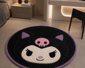 Handmade Gothic Cartoon Round Rug | Black Pink Plush Anime Accent Rug