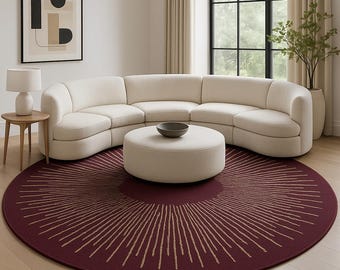 Burgundy Sunburst Round Rug, Hand Tufted Circular Carpet, Modern Living Room Bedroom