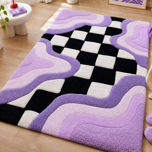 Alfombra abstracta geométrica en morado, negro y blanco, tejida a mano (Decoración moderna para el hogar)