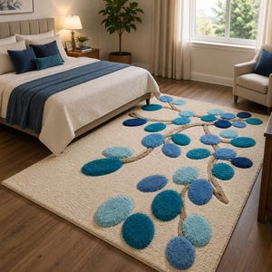 Alfombra abstracta de guijarros tejida a mano, alfombra moderna azul verdosa y crema.