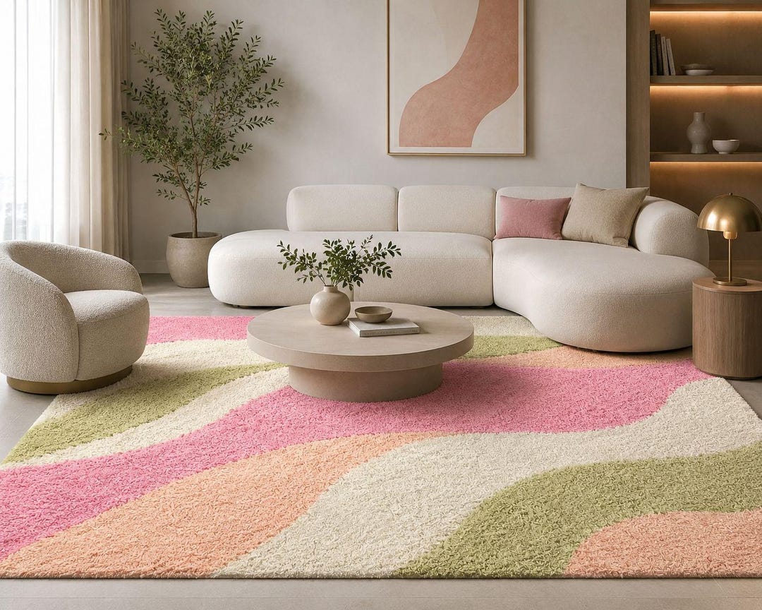 Peach Abstract Rug Hand Tufted Abstract Wave Rug: Pastel Pink, Sage Green, Peach, Ivory ...