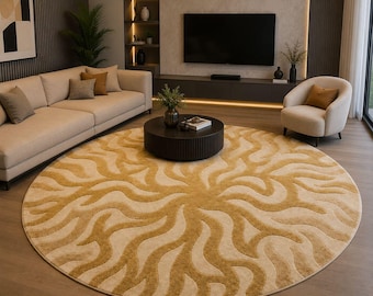 Hand Tufted Wool Round Rug – Beige Gold Abstract Wave Pattern, Modern Living Room Carpet