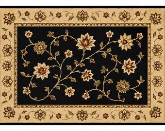 Black Ivory Floral Area Rug | Traditional Botanical Vine Accent Rug