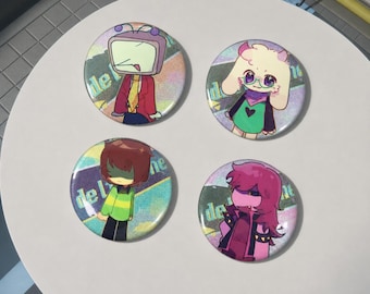 Set Deltarune button pins, met badges van Kris, Ralsei, Susie en Tenna.