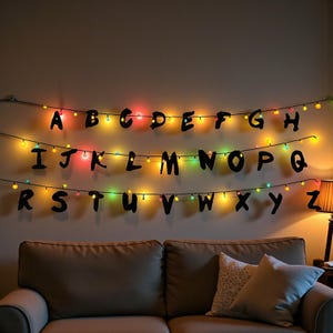 Puede incluir: Decoración de pared con letras negras del alfabeto dispuestas en tres filas, iluminadas por luces de colores. Las letras están sobre un sofá marrón con cojines, creando un ambiente temático y acogedor.