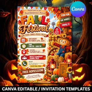 May include: A digital flyer for a Fall Festival on Saturday, October 12th, 2025, from 2:00 PM to 8:00 PM at 123 Enchanted Way. The design features a scarecrow, pumpkins, autumn leaves, a red barn, and lanterns, with text detailing event info.