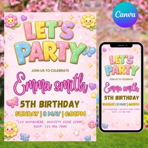Op de afbeelding: Een roze verjaardagsuitnodiging met de tekst "LET'S PARTY" in kleurrijke letters. De uitnodiging bevat de naam "Emma Smith", de datum, tijd en RSVP-informatie. Decoratieve elementen zijn bloemen, vlinders en sterren.
