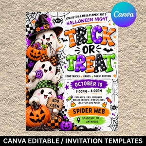 May include: A Halloween event flyer featuring three cartoon ghosts, pumpkins, and spider webs. The text reads: JOIN US FOR A MESA ELEMENTARY'S HALLOWEEN NIGHT, TRICK OR TREAT, FOOD TRUCKS, GAMES, SILENT AUCTION, OCTOBER 10, 9:00PM - 4:00PM, BOO CREW, SPIDER WEB.