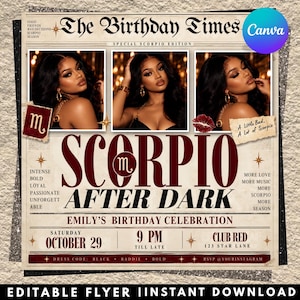 Op de afbeelding: Een digitale verjaardagsfeestflyer getiteld The Birthday Times, met drie foto's van een persoon, de tekst Scorpio After Dark, Emily's Birthday Celebration, 29 oktober, 21:00 uur, Club Red, 123 Star Lane, en een dresscode van black, baddie, bold.