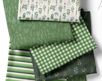 100% Cotton Satin Botanical Fabric Panel, Green Herbal Prints, Quilting Sewing (100x155 cm)