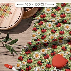 100% bomuld stofsaet, mariehons og marguerittryk til syning, quiltning, patchwork og handvaerk, 100x155 cm