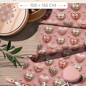 100% Cotton Fabric, Pink Heart and Bow Print with Leopard Pattern for Sewing, Quilting, Patchwork and Crafts, 100x155 cm