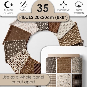 Puede incluir: Un conjunto de 35 piezas de tela, cada una de 20x20cm, en tonos marrones y crema. Las telas presentan diversos diseños, incluyendo florales, de hojas y geométricos. El texto de la imagen dice "Use as a whole panel or cut apart."