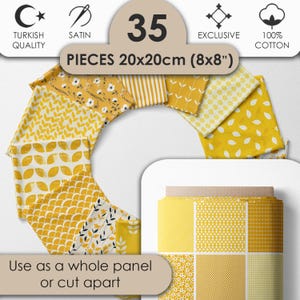 Peut inclure: Un ensemble de 35 pièces de tissu en coton jaune et blanc, chacune de 20x20cm. Le tissu présente divers motifs, notamment floraux, de feuilles et géométriques. Le texte indique "Use as a whole panel or cut apart."