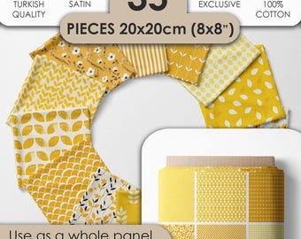 Gelbes Stoffset aus 100 % Baumwollsatin mit 35 Designs für Patchwork, Quilten und Nähen, Blumenstoff 20x20 cm