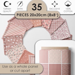 Puede incluir: Un conjunto de 35 piezas de tela de 20x20cm, con diversos patrones rosas y blancos, incluyendo rayas, lunares y diseños florales. El texto dice "Use as a whole panel or cut apart."