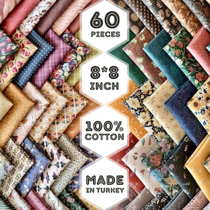 Könnte beinhalten: Eine Sammlung von 60 Stoffstücken, jeweils 20x20 cm, aus 100 % Baumwolle. Die Stoffe weisen eine Vielzahl von Mustern und Farben auf, darunter Blumen-, geometrische und abstrakte Designs. Hergestellt in der Türkei.