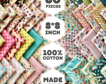 60 tropische Frucht Stoffquadrate aus Baumwolle 8x8 Zoll, Sommer Patchwork und Quilting Set