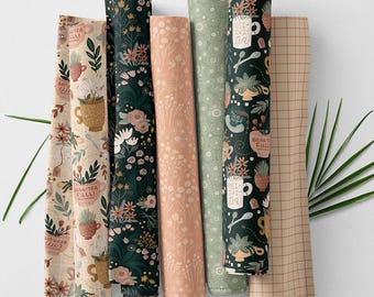 Stoffset aus Baumwoll Satin mit Blumen Tee fur Quilten Patchwork Nahen und Basteln (100x155 cm)