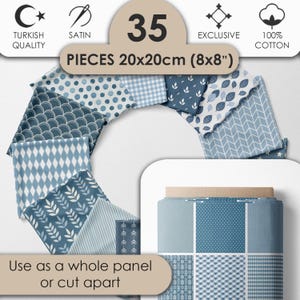 Set de tela azul de algodon satinado 100 por ciento con 35 disenos para patchwork quilting y costura tela geometrica 20x20 cm
