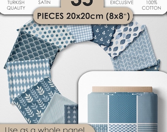 Blaues Stoffset aus 100 Prozent Baumwollsatin mit 35 Designs fur Patchwork Quilten und Nahen geometrischer Stoff 20x20 cm