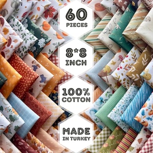 Peut inclure: Un assortiment de 60 pièces de tissu 100% coton de 20x20 cm avec des motifs d'automne. Le tissu est fabriqué en Turquie. Les tissus présentent des citrouilles, des feuilles et d'autres motifs d'automne en orange, vert et marron.