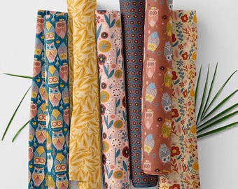 Stoffset aus 100% Baumwollsatin mit Eule und Blumenprint, Quilten Nahen Basteln (100x155 cm)