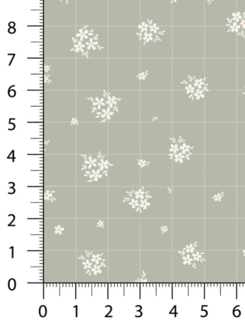 May include: A fabric sample with a grid pattern and white floral clusters. The background is a muted green color. The image includes a ruler with inch measurements along the left side and bottom.
