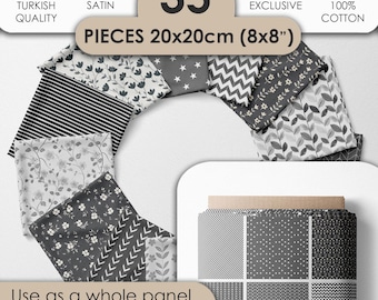 Stoffset aus 100 % Baumwollsatin mit 35 Designs, schwarz-weißer Patchwork- und Quiltstoff, Nähstoff 20x20 cm