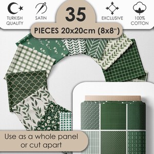 Peut inclure: Un ensemble de 35 pièces de tissu vert et blanc, chacune de 20x20cm, avec divers motifs floraux, géométriques et végétaux. Le tissu est 100% coton, parfait pour le bricolage. Le texte de l'image indique "Use as a whole panel or cut apart."