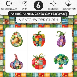 Peut inclure: Panneaux de tissu avec des illustrations à l'aquarelle de fruits et légumes, dont un avocat, un poivron et une aubergine. Chaque image est composée de motifs patchwork. Les panneaux mesurent 25x25 cm (9,8"x9,8") et sont en 100% coton.