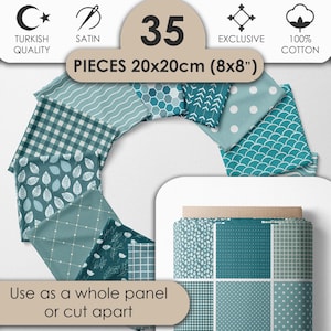 Pode incluir: Um conjunto de 35 peças de tecido, cada uma com 20x20cm, em padrões turquesa e brancos. A imagem inclui o texto "Turkish Quality", "Satin", "Exclusive" e "100% Cotton". O tecido pode ser usado como um painel inteiro ou cortado.
