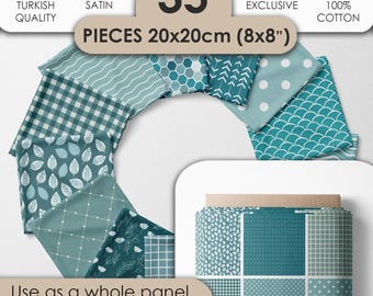 Petrolfarbenes Stoffset aus 100 Prozent Baumwollsatin mit 35 Designs fur Patchwork Quilten und Nahen geometrischer Stoff 20x20 cm