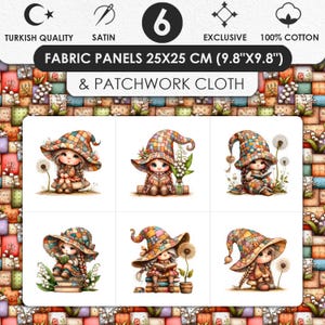 Op de afbeelding: Stofpanelen, 25x25 cm (9,8"x9,8"), met zes illustraties van een poppetje met een patchwork hoed en jurk. De illustraties staan tegen een patchwork achtergrond. De tekst "FABRIC PANELS 25X25 CM (9.8"X9.8") & PATCHWORK CLOTH" is zichtbaar.