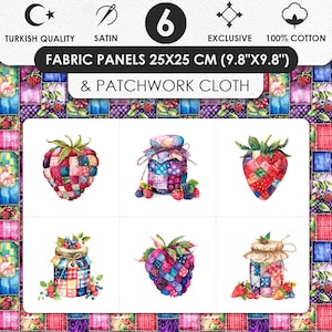 Paneles de tela de satén 100% algodón, tela de patchwork con estampado de tarro de bayas para acolchado (cupones de 25 x 25 cm)