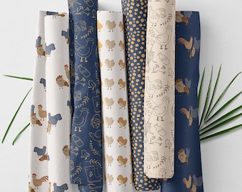 100% Cotton Satin Farm Fabric Panel, Chicken Rooster Prints, Quilting Sewing Crafting
