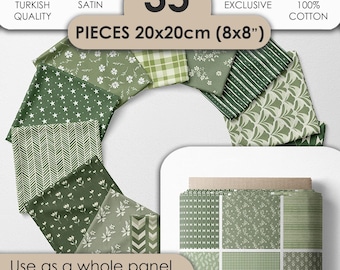 Grünes Stoffset aus 100 % Baumwollsatin mit 35 Designs für Patchwork, Quilten und Nähen, Blumenstoff 20x20 cm