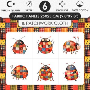 Puede incluir: Paneles de tela de 25 cm x 25 cm, con seis diseños de mariquitas con patrones de patchwork. La tela es 100% algodón e incluye el texto "Fabric Panels 25x25 cm (9.8"X9.8") & Patchwork Cloth."