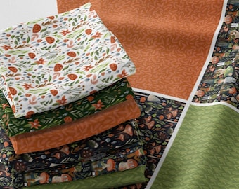 Woodland Mushroom Cotton Satin Fabric Panel, Quilting Sewing Crafting Prints