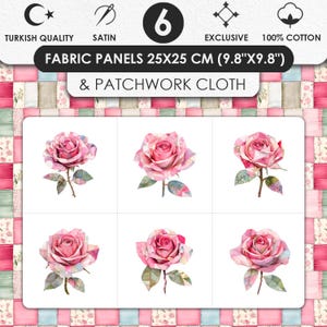 100% Cotton Satin Pink Rose Fabric Panels, Patchwork Quilting Pieces