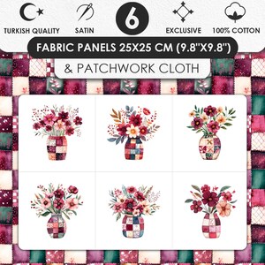 Floral Vase Cotton Satin Fabric Panels, Patchwork Quilting Pieces (25x25 cm)