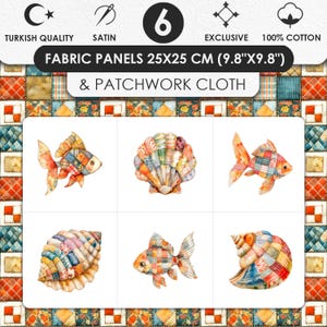 Pode incluir: Painéis de tecido, 25x25 cm (9,8"x9,8"), com desenhos de patchwork. A imagem mostra seis painéis com ilustrações de peixes e conchas, cada um adornado com padrões de patchwork coloridos. O texto diz "FABRIC PANELS & PATCHWORK CLOTH."