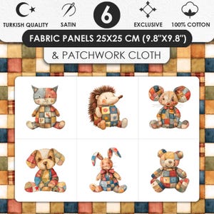 Puede incluir: Paneles de tela con seis adorables diseños de animales de patchwork: un gato, un erizo, un ratón, un perro, un conejito y un oso. Cada animal está hecho con tela colorida con patrones cuadrados. Los paneles miden 25x25 cm (9,8"x9,8") y son 100% algodón.