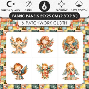 Op de afbeelding: Stoffpanelen met zes aquarel illustraties van engelen met patchwork kleding en vleugels. De panelen zijn 25x25 cm (9,8"x9,8") en gemaakt van 100% katoen. De tekst op de afbeelding luidt "Fabric Panels & Patchwork Cloth".