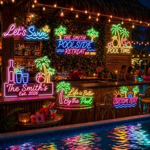 Anpassad LED-neonskylt för pool, flamingo-neonljus, tropisk sommarväggdekoration, strandhusbarskylt, poolparty-neon, rolig utomhusdekoration