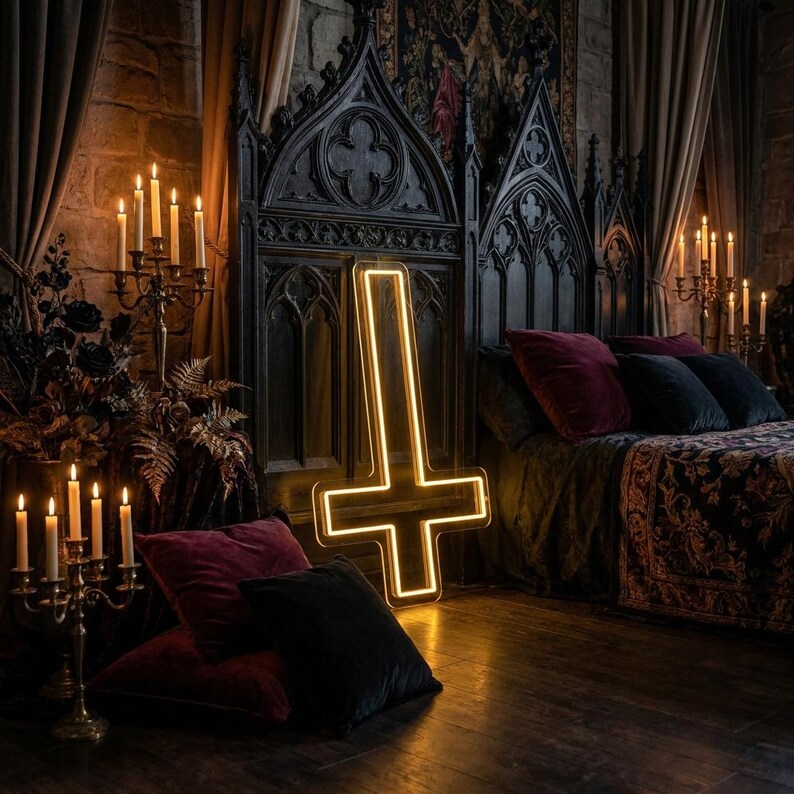 May include: A gothic-style bedroom with a large, illuminated inverted cross. The room features a dark wooden headboard, velvet pillows, and lit candles in ornate holders. The overall aesthetic is dark and dramatic.