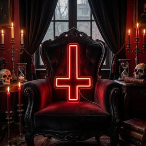 May include: A red neon inverted cross is illuminated against a dark, ornate armchair. The gothic-themed scene includes lit candles, a skull, and antique decor, creating a dramatic and mysterious ambiance.