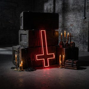 May include: A red neon inverted cross stands before a stack of dark wooden crates. The scene is set in a dimly lit room with brick walls, featuring candles, skulls, and antique books, creating a gothic aesthetic.
