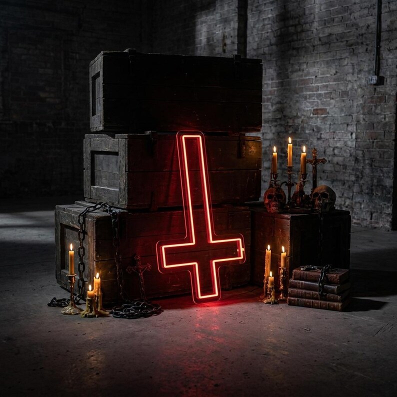 May include: A red neon inverted cross stands before a stack of dark wooden crates. The scene is set in a dimly lit room with brick walls, featuring candles, skulls, and antique books, creating a gothic aesthetic.